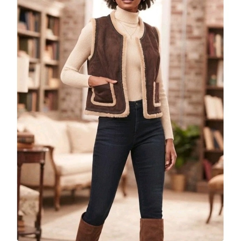 INC International Concepts Petite M Brown Faux Suede Shearling Fur Trim Vest...